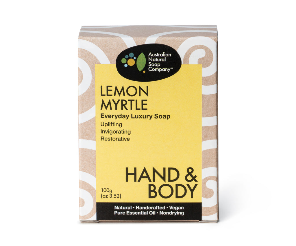 Image of a lemon myrtle soap box featuring a yellow color scheme with a pattern surrounding the yellow area. The front of the box clearly states the type of soap and highlights its uses